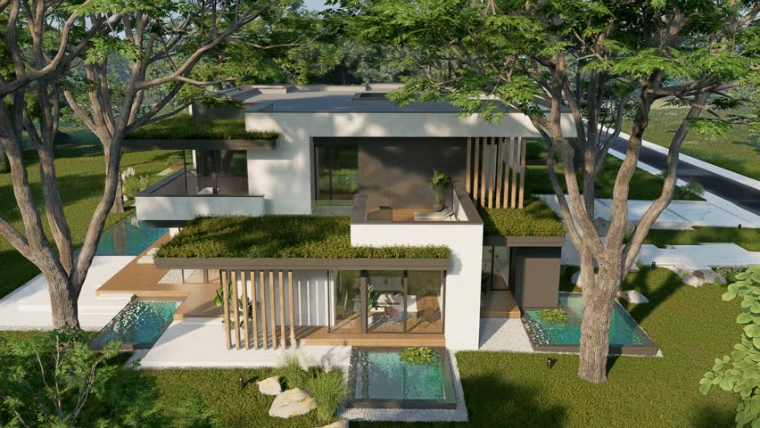 4K video rendering of two-story house with parking and pool for sale or rent with concrete facade and beautiful landscaping on background. Clear sunny summer day with blue sky.