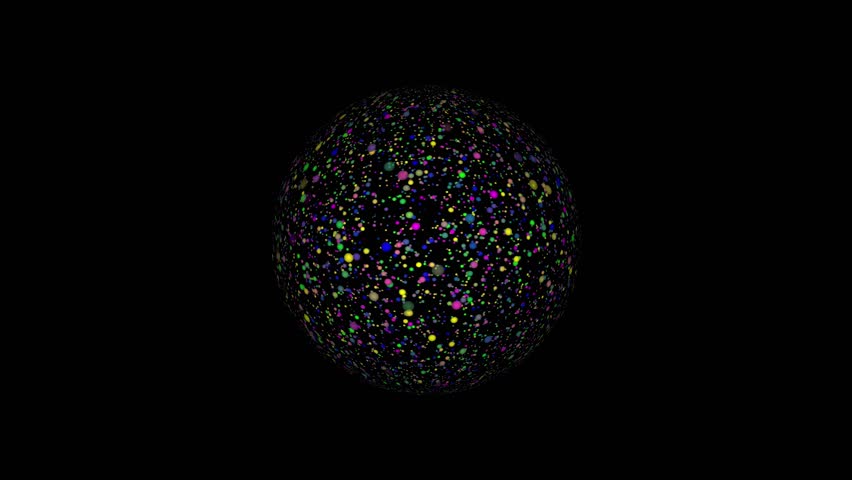 Abstract colorful particles forming a pulsating sphere in a black background, a seamless loop
