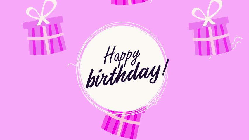 Playful Happy Birthday lettering with colorful wrapped gifts, ribbons, bows, and confetti. Bright and cheerful color palette, smooth festive style, celebratory background, and dynamic joyful mood. Per