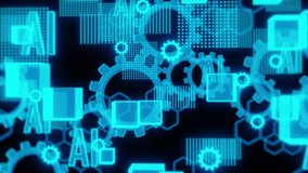 Futuristic neon blue background featuring AI typography, glowing gears, dotted patterns, and hexagonal grid. Represents artificial intelligence, automation, and advanced data processing concepts. - Powered by Shutterstock - Get 15% off with code: PIKWIZARD15