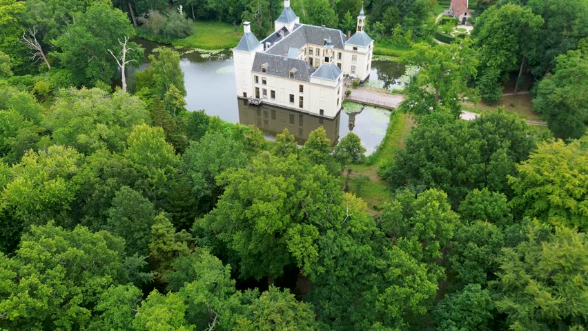 Aerial view of a historic castle surrounded by a forest, with vast green fields, winding waterways, and a river stretching across the flat Dutch countryside under a partly cloudy sky.