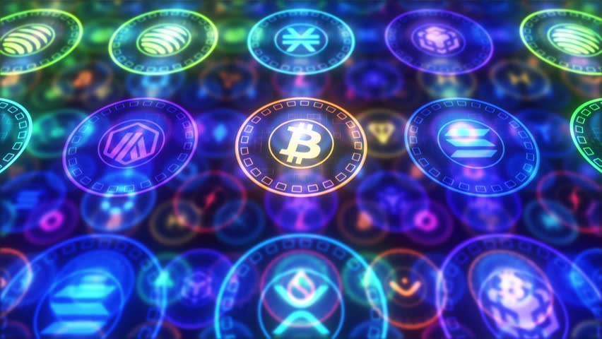 Crypto Currency Coins in a grid with Neon Colours Animated Motion Background 02