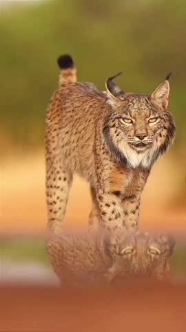 portrait of a male lynx with fur around its neck walking in the mirror