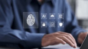 Biometric cyber security system and access control concept. Cybersecurity and privacy to protect data. Businessman access security personal financial data on scan fingerprint identification. - Powered by Shutterstock - Get 15% off with code: PIKWIZARD15