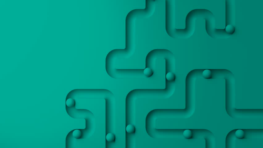 Monochrome turquoise maze relief tunnel spheres 3D animation can be used in UX flow demos, logistics explainers or luxury-tech design backdrops.