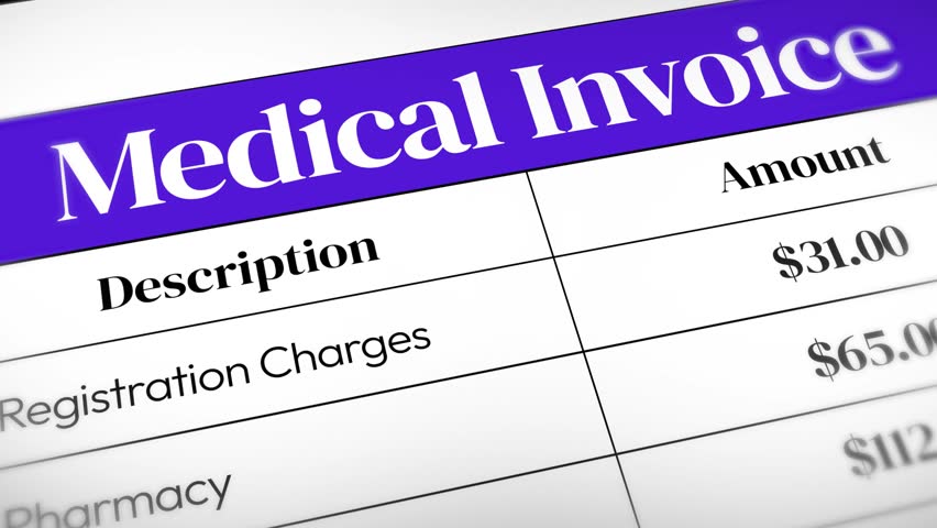 Medical Invoice showing close up 4k footage with typography and cost breakdown animation. Health, insurance, treatment.