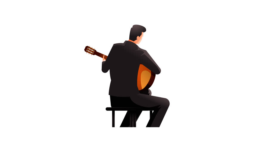 Minimalist animation of a man in a suit playing acoustic guitar, viewed from behind.