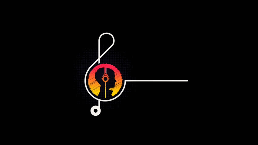 Animated background featuring a treble clef line leading into a colorful headphone-wearing silhouette.