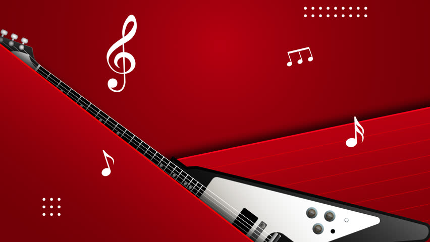 Dynamic red background animation featuring a sleek electric guitar and treble clef.