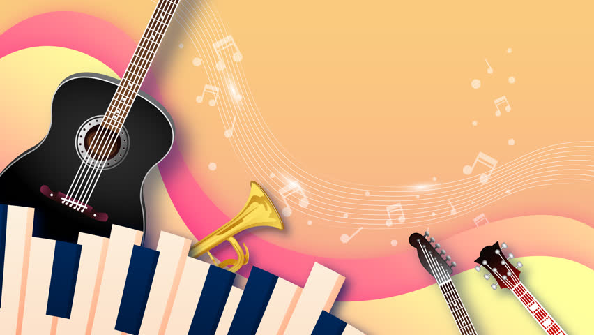 A vibrant 4K animation featuring guitars, piano keys, trumpet, and flowing music notes.