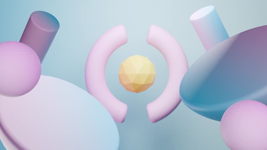 Abstract 3D Pastel spheres cylinders and a yellow geometric ball float. Seamless looping 3D abstract motion animation background for creative video project.