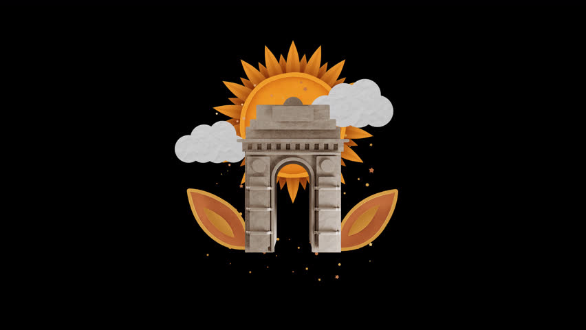 India Gate With Clouds And Leaves Paper Cut. 3D Illustration