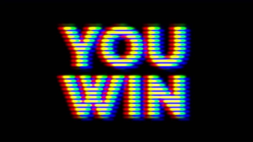 You Win Text Animation with VHS Damage and RGB Glitch Effect on Dark Background