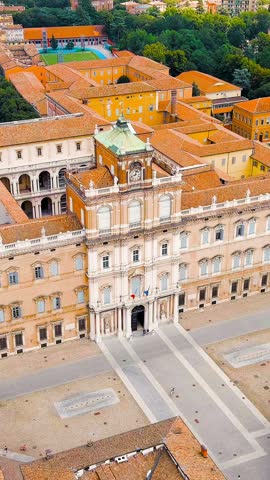 Vertical video. Modena, Italy. Ducale di Modena Palace. Historical Center. Summer, Aerial View, Point of interest. Rich colors