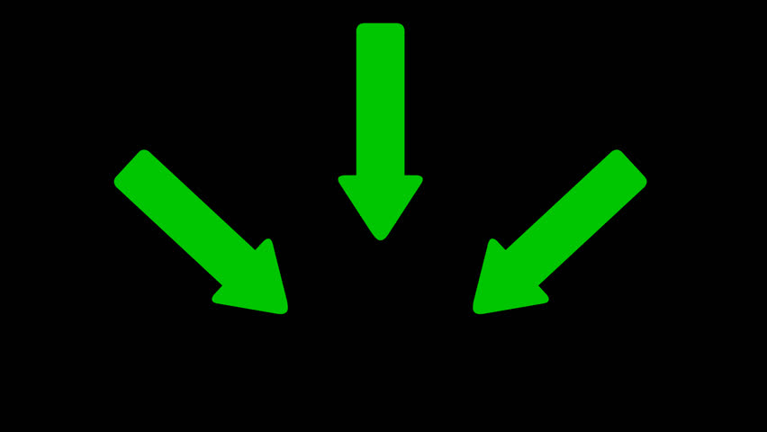 video animation green three arrows pointing toward the same point, on a transparent background with alpha channel set to zero