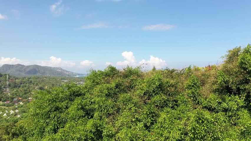 Drone footage of a tropical coastline with lush green hills, blue ocean, and a clear sky with clouds.