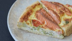 Quiche, salmon pie, broccoli, cheese. Quiche tart with fish and vegetables, cheese, salt and spices, healthy food - Powered by Shutterstock - Get 15% off with code: PIKWIZARD15