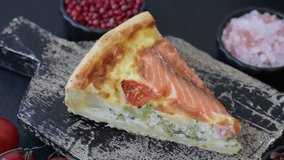 Quiche, salmon pie, broccoli, cheese. Quiche tart with fish and vegetables, cheese, salt and spices, healthy food - Powered by Shutterstock - Get 15% off with code: PIKWIZARD15