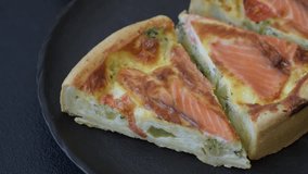 Quiche, salmon pie, broccoli, cheese. Quiche tart with fish and vegetables, cheese, salt and spices, healthy food - Powered by Shutterstock - Get 15% off with code: PIKWIZARD15