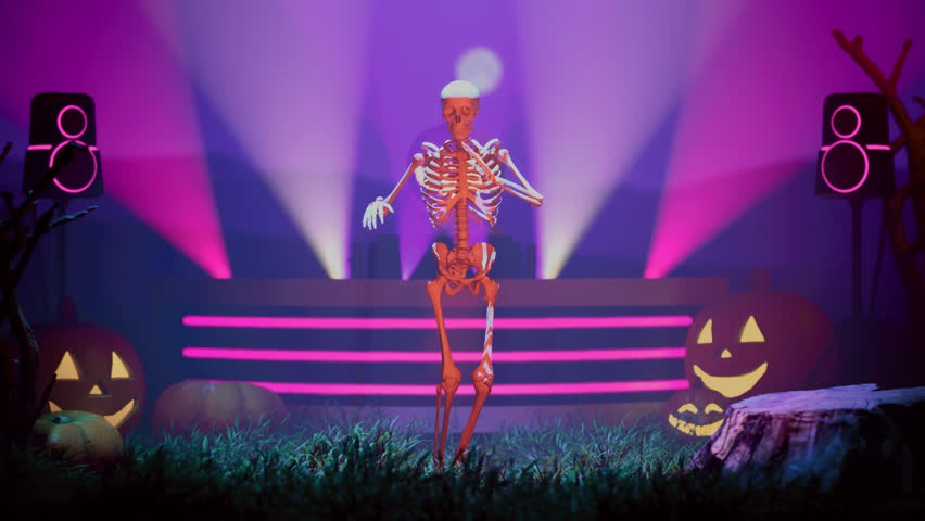 Funny skeleton dancing in the cemetery, Halloween Concept