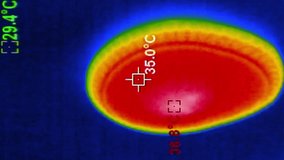 A thermal camera captures the heat signature of a modern round LED ceiling light, showing a hot center and cooler edges with temperature readings in Celsius. This visualizes energy consumption. - Powered by Shutterstock - Get 15% off with code: PIKWIZARD15