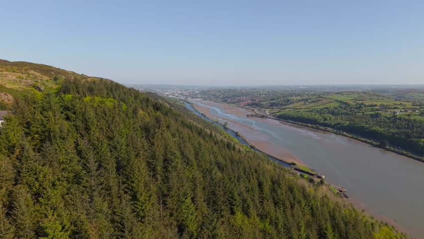 Forested Hillside Next To River On Sunny Day In County Louth Near Dundalk In Ireland. sideways drone shot