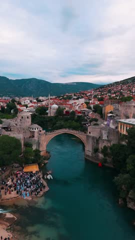 Mostar Medieval Town and Old Bridge aerial view in Bosnia and Herzegovina
