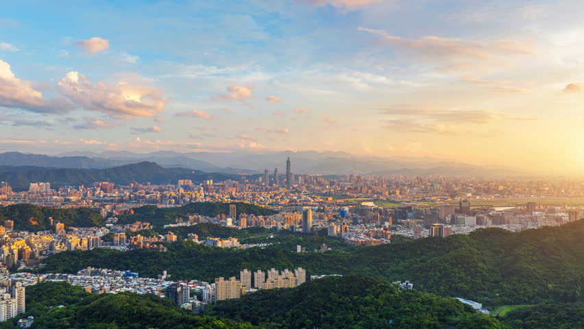 Hyper lapse of Cityscapse and traffic in Taipei, Taiwan. Aerial view cityscape at sunset.