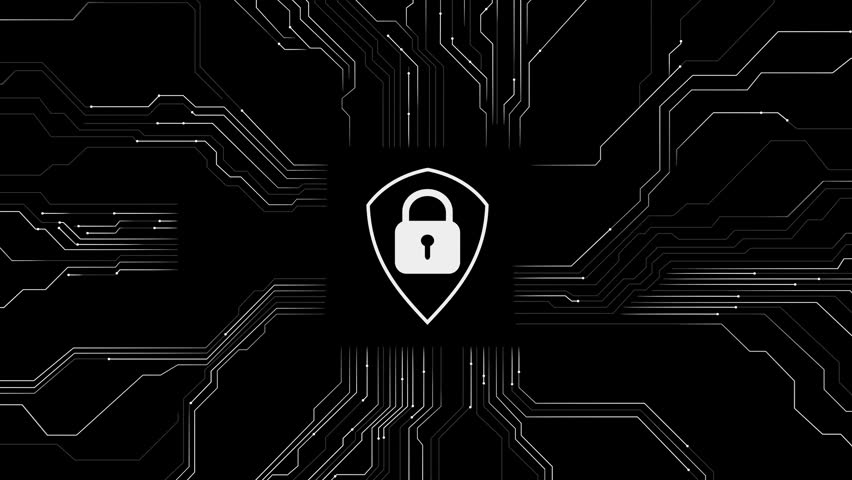 Cybersecurity Lock Icon on Shield with Abstract Circuit Board Lines. For Digital Data Protection, Network Security,  Online Privacy Technology. Seamless loop. Created using non-AI 3d software - Powered by Shutterstock - Get 15% off with code: PIKWIZARD15