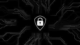 Cybersecurity Lock Icon on Shield with Abstract Circuit Board Lines. For Digital Data Protection, Network Security,  Online Privacy Technology. Seamless loop. Created using non-AI 3d software - Powered by Shutterstock - Get 15% off with code: PIKWIZARD15