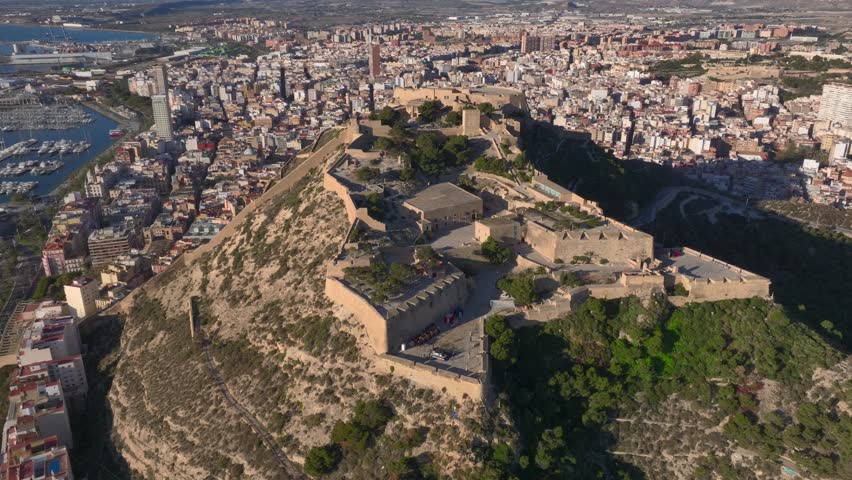 Alicante Fortress, Castillo de Santa Barbara in Alicante, Spain. Old Hispanic Fortress on a Hill right next to the Coast