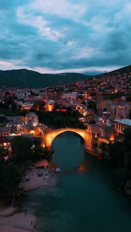 Mostar Medieval Town and Old Bridge aerial view in Bosnia and Herzegovina