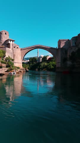 Mostar Medieval Town and Old Bridge aerial view in Bosnia and Herzegovina