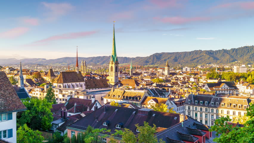 Zurich, Switzerland cityscape with church steeples in the afternoon.