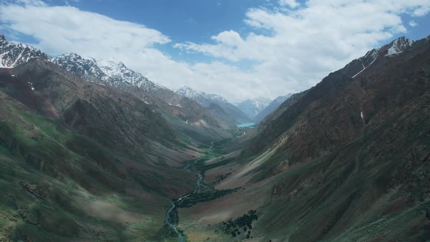 Beautiful drone view of valley in Skardu, Pakistan. Beautiful mountains, beautiful valley, lush green meadows, fresh blue water, rural life, spa, nature, travelling, northern area of Pakistan, beauty.
