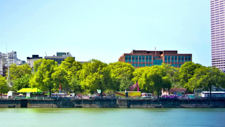 Portland oregon skyline view from across the willamette river on a sunny day