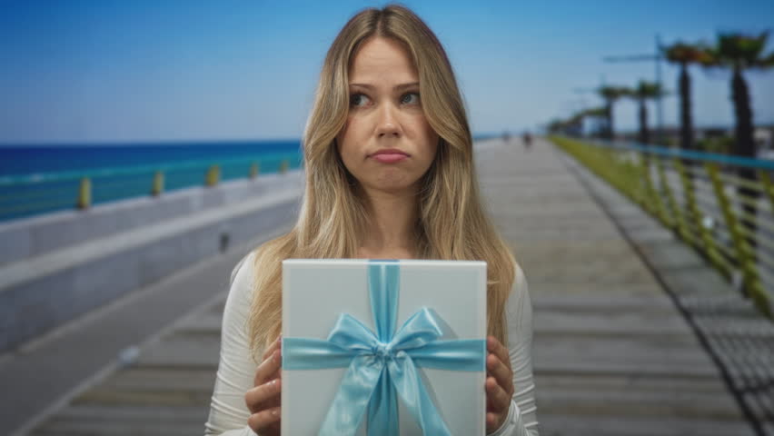 Woman with blonde hair holding a gift box with blue ribbon on a sunny seaside promenade with disappointed expression; sadness disappointment.