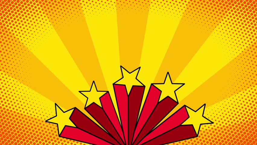 Golden yellow and red comic background with rising sunburst rays and star details, perfect for epic or celebratory cartoon moments