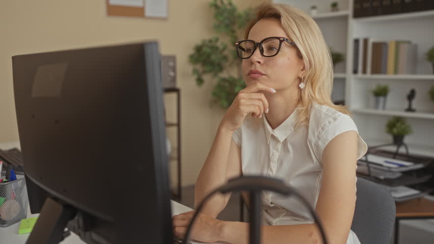 Woman works at computer screen with hand on chin inside a building with desk shelves plant and microwave visible around chair; reflection.