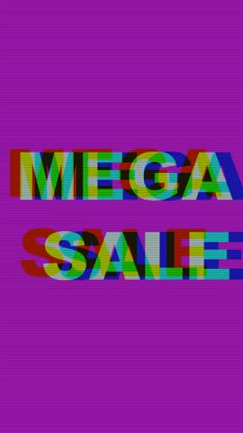Vibrant animated "Mega Sale" banner with colorful mega sale text on purple background, 80s retro futuristic pixelated motion glitch effect. Banners, promotions, discounts, special offers design