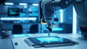 A robotic arm precisely works on a glowing microchip in a high-tech laboratory, symbolizing innovation and advanced manufacturing. - Powered by Shutterstock - Get 15% off with code: PIKWIZARD15