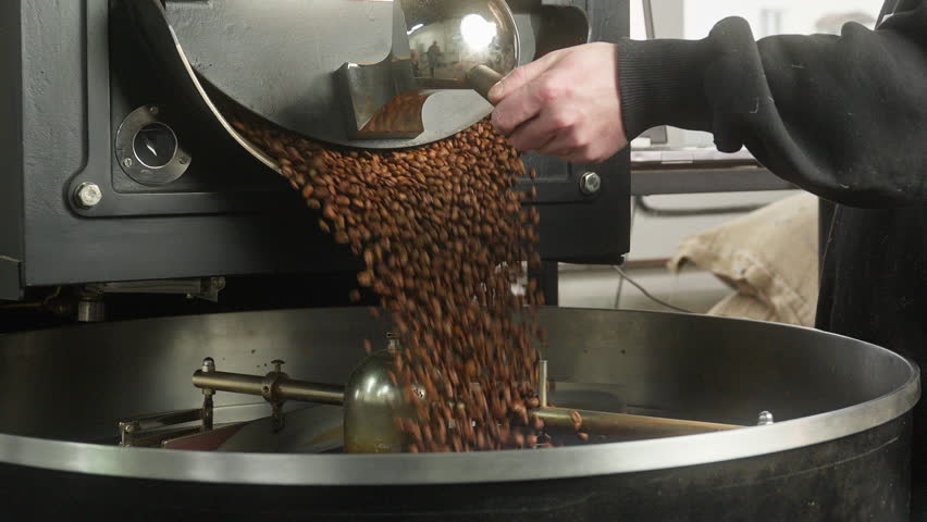 Unrecognizable man worker male hand pushing lever in roasted coffee machine opening flow falling beans cocoa grains mixing blending roasting in fabric small business preparing caffeine production