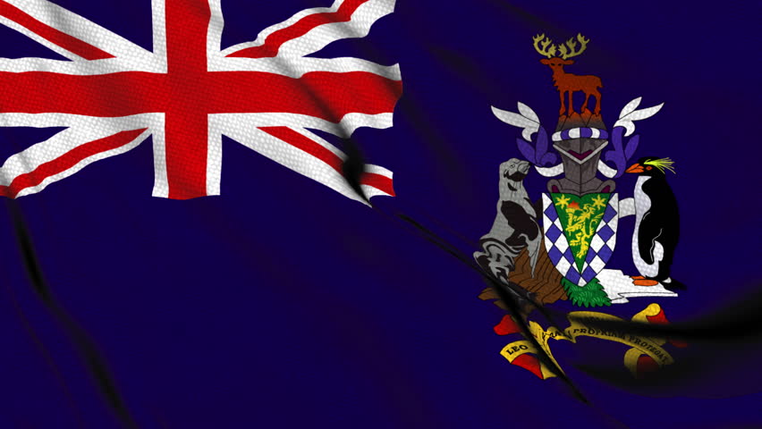 Flag of South Georgia and South Sandwich Islands featuring Union Jack in the canton and detailed coat of arms on a blue field.
