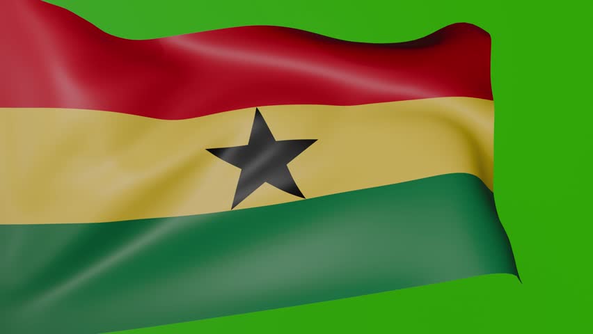 National flag of Ghana flying in the wind. Ghana flag waving on green screen. 