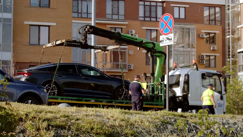 Traffic police officer issues fine to car owner, who has parked their vehicle in prohibited area, under No Stopping sign, by side of road in city. car is then towed away to parking lot.