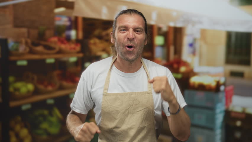 Blond man with long hair clenches fists beside fruit display in bustling grocery store aisle; celebration.