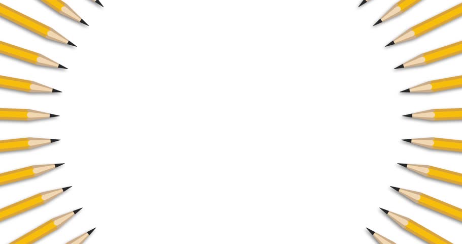 Animated video of two rows of yellow pencils with shadows pointing towards the center of the screen moving in a circular manner on a white background