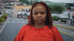 Woman with red hair wearing red blouse frowns and furrows brow while standing on busy city street; frustration. - Powered by Shutterstock - Get 15% off with code: PIKWIZARD15