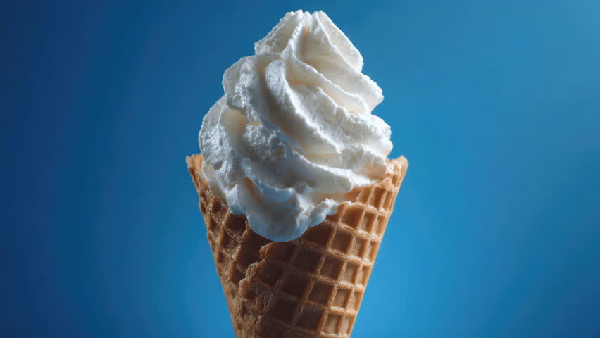 Perfectly swirled ice cream cone topped with luscious layer of whipped cream. Vibrant blue background, treat, summer promotions, cold chill dessert, joy and sweetness. Advertisements, ad, snacks.
