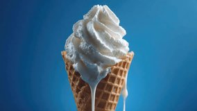 Perfectly swirled ice cream cone topped with luscious layer of whipped cream. Vibrant blue background, treat, summer promotions, cold chill dessert, joy and sweetness. Advertisements, ad, snacks. - Powered by Shutterstock - Get 15% off with code: PIKWIZARD15